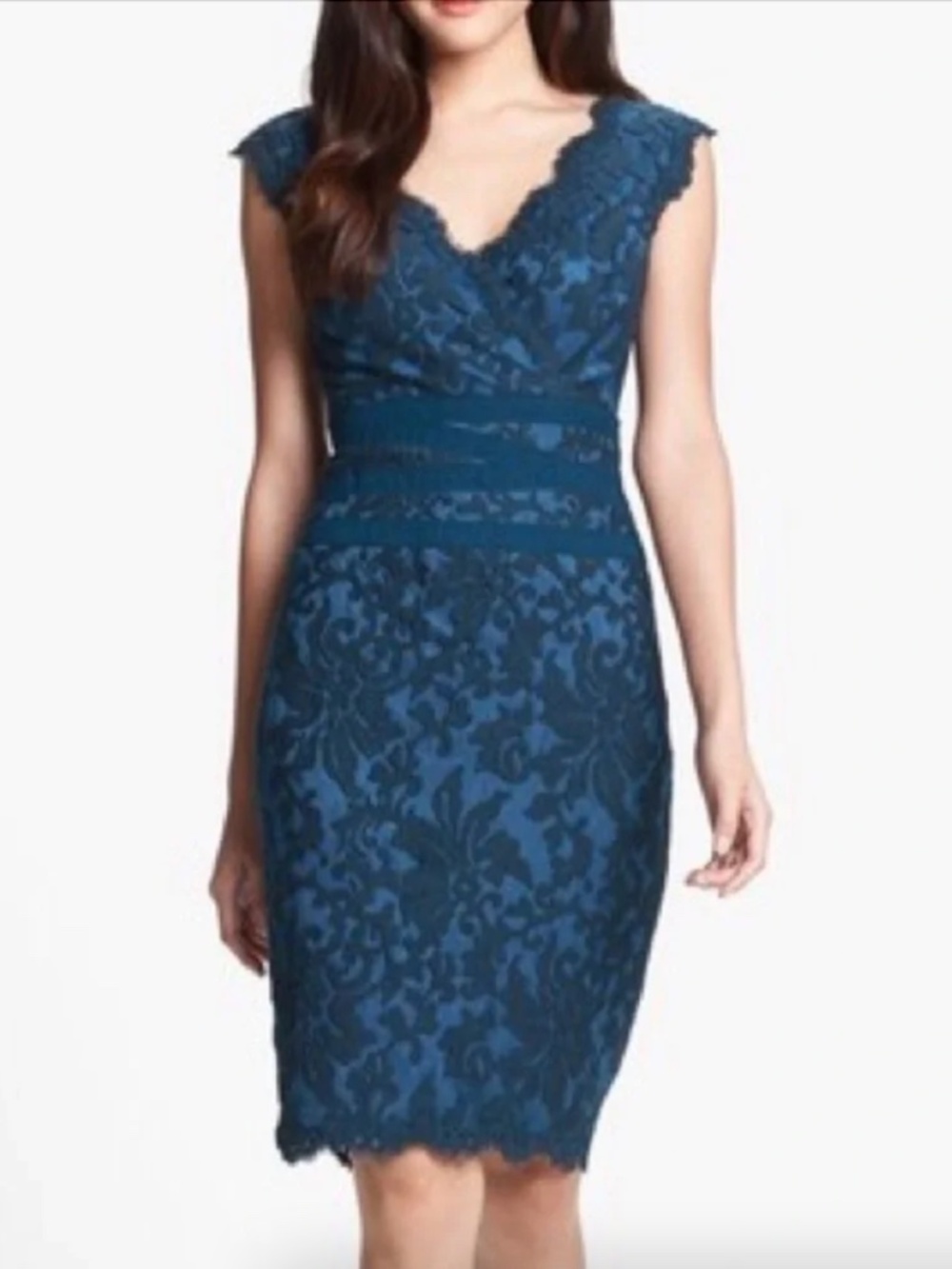 Tadashi Shoji Lace Embroidered V-Neck Sheath Cocktail Dress Teal Women's Size 0
